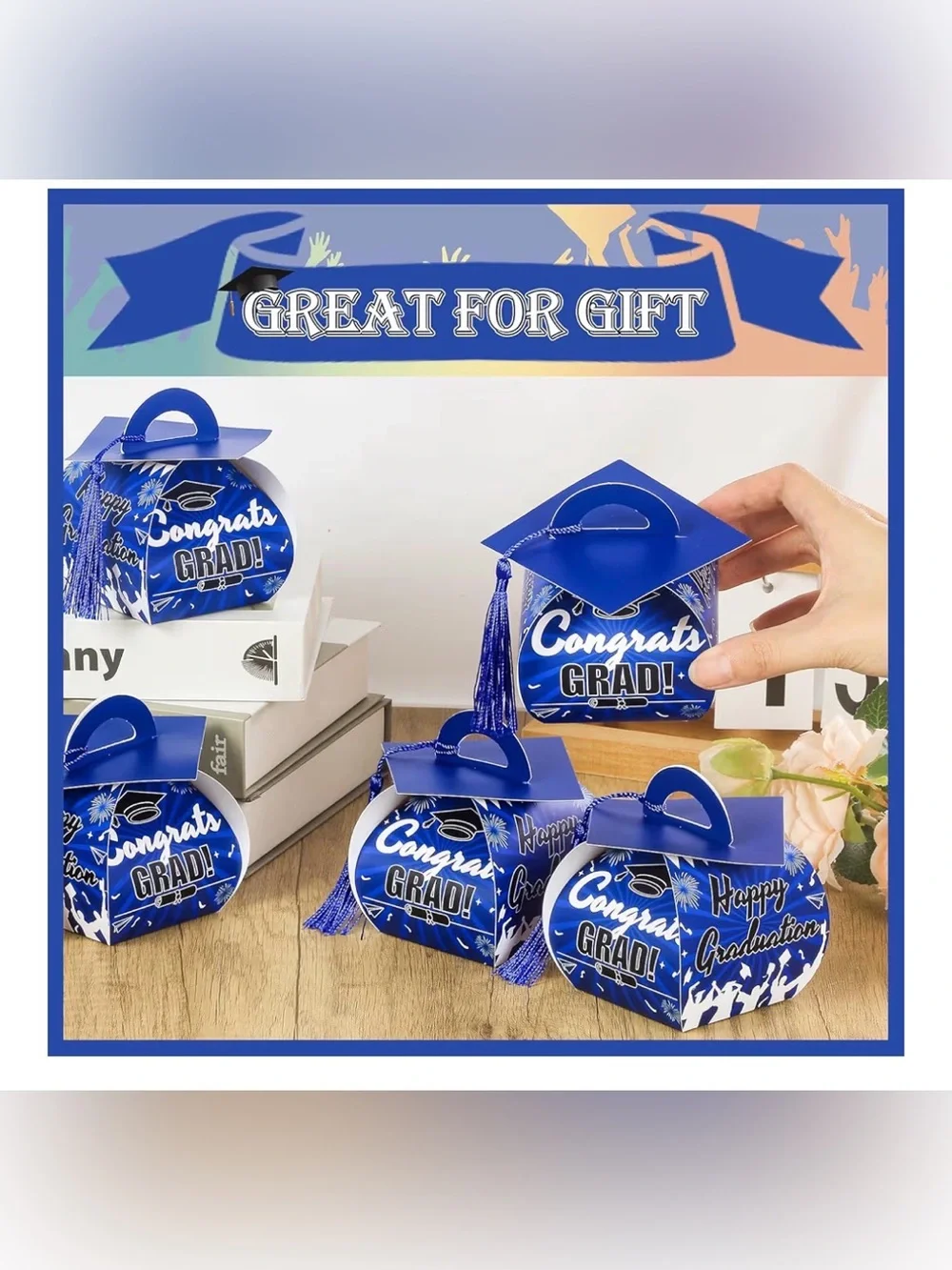 Graduation Party Favors Boxes,32pcs Cap Candy Box with Tassel, Treat Boxes(Blue)